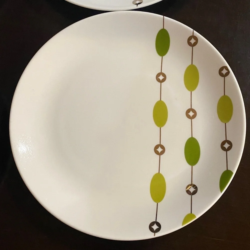 Pier 1 White Salad Plates with Blue &Green Accents. Beaded Garland. Set of 4.